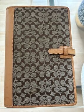 Coach Mini C Signature Canvas planner with Tan Leather Trim